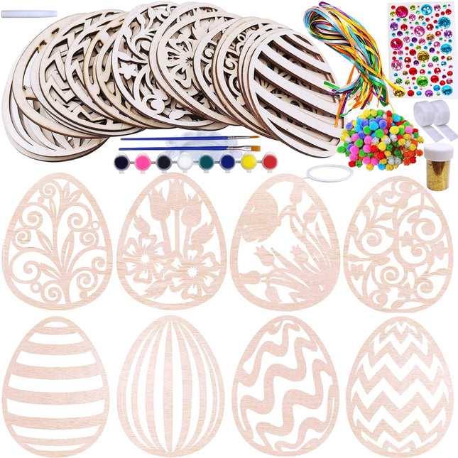 32 Sets Wooden Easter Ornaments Decorations DIY  Craft Kits Assorted Paintable Unfinished Wood Laser Cut Easter Egg Ornaments For Kids Easter Spring Classroom Home Activity Art Project