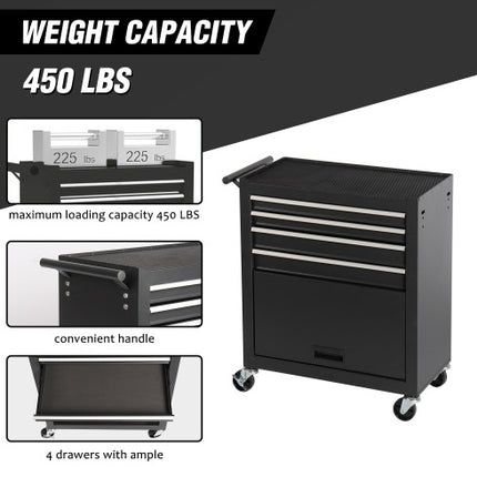 4-Drawer Rolling Tool Chest, Cabinet With 4 Wheels Tool Chest With Drawers, Suitable For Garages, Warehouses, Workshops, Repair Shops, Black