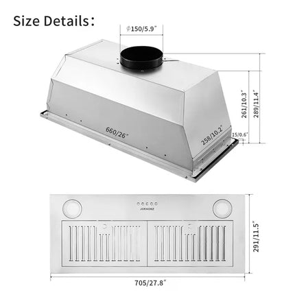 30" Built-In Insert Range Hood 600CFM Kitchen Vent LEDs Convertible Fan Sliver