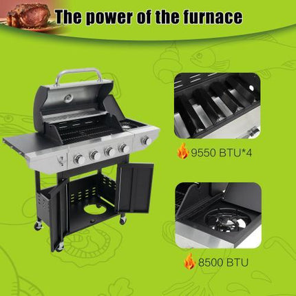 Propane Four-burner Stainless Steel Gas Grill With Side Burners, Suitable For Outdoor Patios And Gardens.