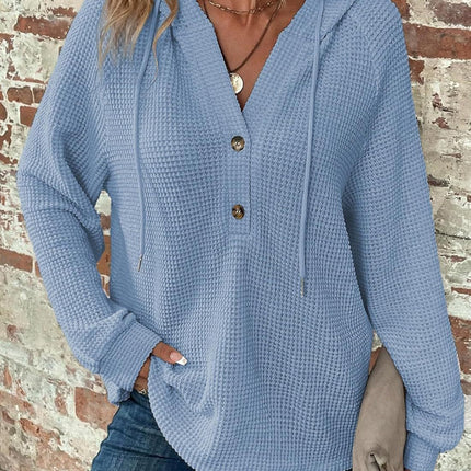 Waffle Hooded Sweater Sweatshirt Fashion Casual Long-sleeved Drawstring V-neck Buttons Top Women's Clothing