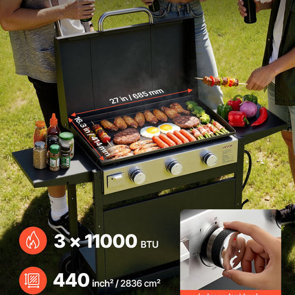 Gas Griddle, 3-Burner Flat Top Grill, Propane Griddle With Wheels, Lid, 3 X 11000 BTU Outdoor Flat Top Grills For Pan-Frying, Grilling, Stir-Frying, & BBQ, Pulse Ignition, Removable Top Design