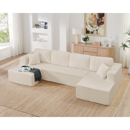 U Shape Modular Sectional Sofa, Compressed Sectional Sofa Modern Minimalist Style Corduroy Couch, Sleeper Sofa For Living Room, Bedroom, Comfy Compressed Sofa -Beige