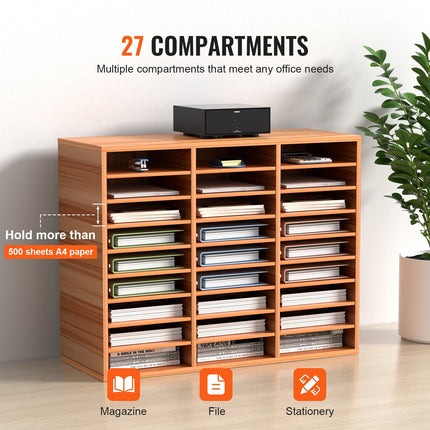 27 Compartments Wood Literature Organizer, Adjustable Shelves, Medium Density Fiberboard Mail Center, Office Home School Storage For Files, Documents, Papers, Magazines, Oak