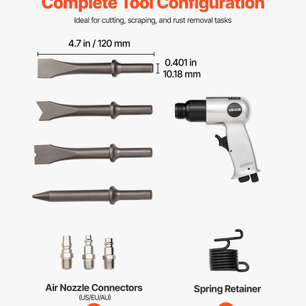 Air Hammer, 4500BPM Pneumatic Hammer With Rust Removal Air Needle Scaler & 4PCS Chisels Round Shank, Lightweight & Compact Air Chisel Pneumatic Shovel Tool For Cutting Scraping Demolishing