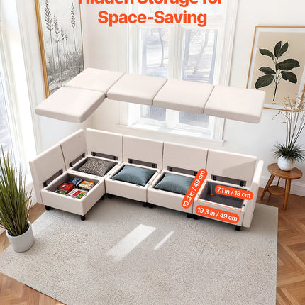 Modular Sectional Sofa, Modern 5-Seater Modular Sofa With Hidden Storage, Cloud Sectional Couch With High Rebound Sponge, Solid Wood Frame Upholstered Comfy Couch For Living Room, Bedroom, Beige