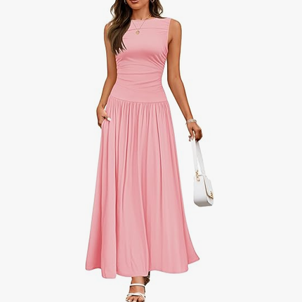 Women's Summer Sleeveless Maxi Dress Casual Round Neck Pleated Elegant Maxi Dress With Pockets