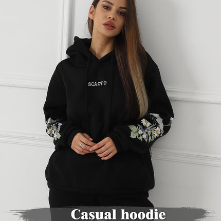 Women's Solid Color Floral Long Sleeved Sweatshirt