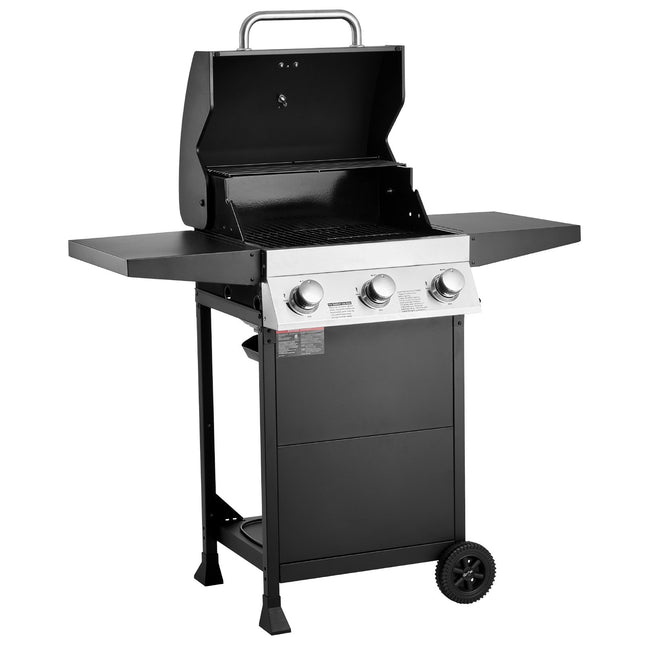 Gas Grill, 3 Burner Propane Gas Grill With Spacious 338 SQ.In Grilling Area, Carbon Steel Enamel Grates, Outdoor 36,000 BTU Patio Garden BBQ Grills With Foldable Side Shelves, Carbon Steel