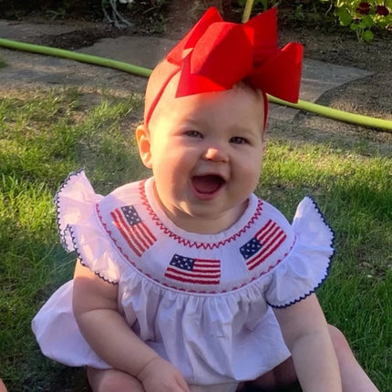 Baby Girl 4th Of July Bubble Romper, Smocked Fly Sleeve Bodysuit With American Flag Embroidery