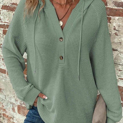 Waffle Hooded Sweater Sweatshirt Fashion Casual Long-sleeved Drawstring V-neck Buttons Top Women's Clothing
