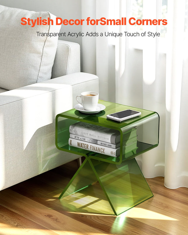 Acrylic Nightstand Side Table, Modern Clear Bedside Table With Storage Shelf, Transparent Small End Desk For Living Room, Bedroom, Home Decor, No Assembly Needed, 11.8 X 15.4 X 17 In (Green)