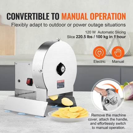 Electric Vegetable Slicer, 0-0.5'/0-12mm Thickness Adjustable Commercial Slicer Machine, Convertible To Manual, Stainless Steel Food Cutter Slicing Machine, For Potato, Lemon, Tomato, Apple