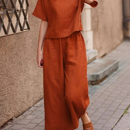 European And American Women's Linen Casual Loose Solid Color Suit Two-piece Women