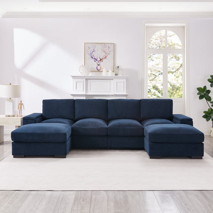 Sectional Sofa Deep Seat Sofa Couch With Ottomans, Corduroy Sofa Sleeper Comfy Upholstered Furniture For Living Room, Apartment, Office, 4-Seat & 2-Ottoman, Blue