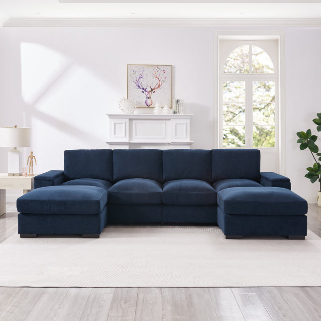 Sectional Sofa Deep Seat Sofa Couch With Ottomans, Corduroy Sofa Sleeper Comfy Upholstered Furniture For Living Room, Apartment, Office, 4-Seat & 2-Ottoman, Blue