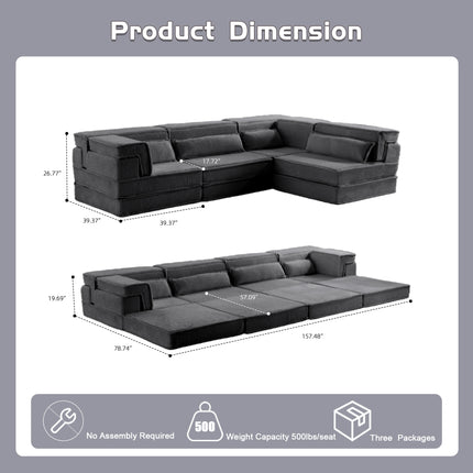 Compression Mahjong Sofa,Convertible Floor Sofa Bed,DIY Boneless Modular Sectional Sofa,No Assembly Required,Circle Fleece Fabric,Oversized 4 Seater With 4 Pillows,Dark-grey