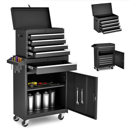 Tool Chest, 5-Drawer Rolling Tool Storage Cabinet With Detachable Top Tool Box, Liner, Universal Lockable Wheels, Adjustable Shelf, Locking Mechanism, Metal Tool Cart For Garage Workshop