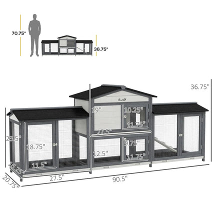 Wooden Rabbit Hutch Bunny Cage Pet Playpen House Enclosure With Double Side Run Boxes, No Leak Tray, Ramp, For Rabbits, Chickens, Ducks, Guinea Pig And Small Animals, Light Gray