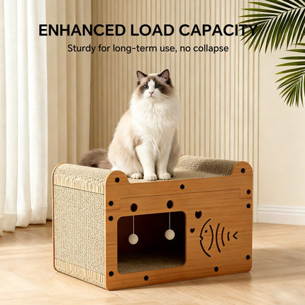 56cm Bubble Fish Shape Cat Scratcher Sofa, With 2 Teaser Balls, Wood -Corrugated Scratcher, Cat Claw Care - Resting Toy
