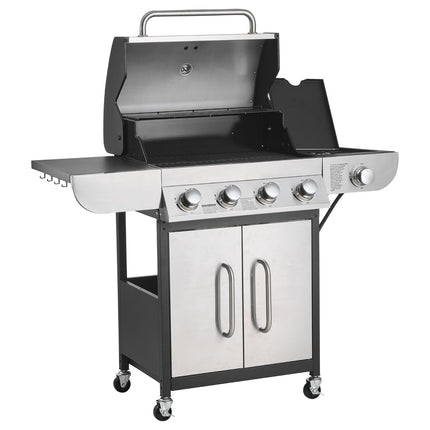 Gas Grill, 4 Burner Propane Gas Grill With Side Burner, 425 SQ.In Grilling Area, Carbon Steel Enamel Grates, Outdoor 52,000 BTU Patio Garden BBQ Grills With Two Side Shelves, Stainless Steel