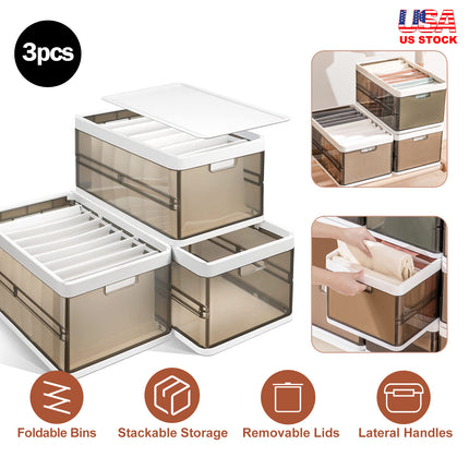 3 Pack Foldable Storage Bin With Lid Stackable Plastic Closet Organizer With Handle Divider Collapsible Drawer Organizer For Toys Clothes