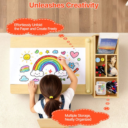 Kids Art Table And Chair Set, Toddler Craft Table With 3 Tiers Storage Cabinet, Wooden Kids Activity Play Desk With 2 Chairs, Craft Play Desk For Reading, Learning, Drawing, Writing, Light Wood