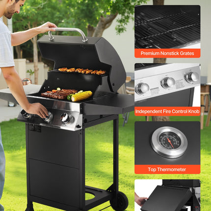 Gas Grill, 3 Burner Propane Gas Grill With Spacious 338 SQ.In Grilling Area, Carbon Steel Enamel Grates, Outdoor 36,000 BTU Patio Garden BBQ Grills With Foldable Side Shelves, Carbon Steel