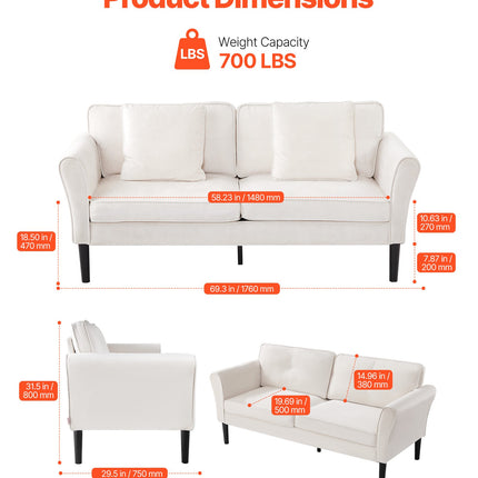 Loveseat Sofa, 69-Inch Small Sofa Couch For Living Room, Velvet Fabric 2-Seats Couch With Sinuous Spring, Soft Cushions And Sturdy Frame, Comfy Loveseat For Bedroom, Office Or Apartment, White