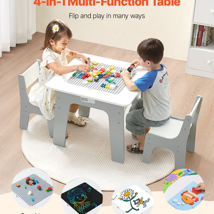 4 In 1 Kid Activity Table And 2 Chairs Set, Graffiti & Building Blocks Double-Sided Tabletop, Toddler Play Table With Storage For Kids 3+ Years, Large Storage Space, Gift For Boys & Girls, White