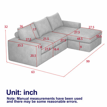 99-Inch Boneless Couch With Chaise, L-Shaped Modern Upholstered Sectional Sofa With Three Pillows, Corduroy Sectional Sofa For Living Room And Bedroom, No Assembly Required