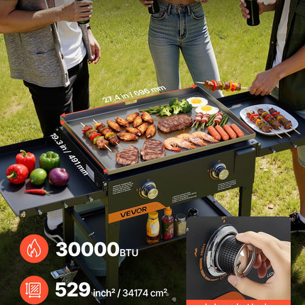 Gas Griddle, 2-Burner Flat Top Grill, 28 Inch Grill Plate Foldable Propane Griddle With Wheels, 30000 BTU Outdoor Flat Top Grills For Pan-Frying, Grilling, Stir-Frying, & BBQ, Pulse Ignition