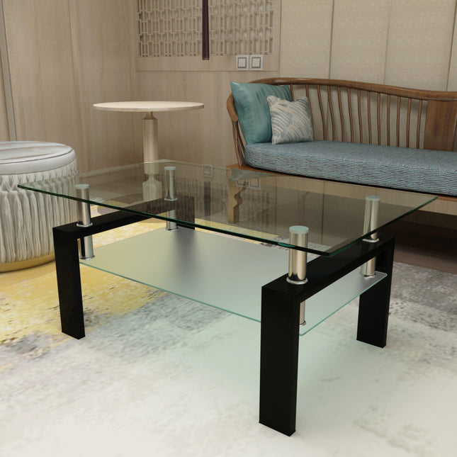 Rectangle Black Glass Coffee Table Modern Side Center Tables For Living Room