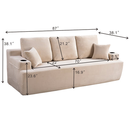87 In 3-Seater Sofa For Living Room, Comfy Couches With Deep Seat, Plush Corduroy Fabric  With Cup Holders And Side Storage Pockets For Apartment Lounge