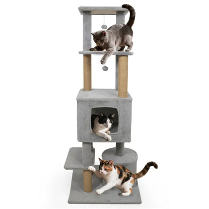 64" Light Gray Cat Tower With Plush Perches & 3 Dangling Balls, Jute Scratching Posts & Anti-Tipping Device For Multi-Cat Households