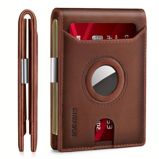 Airtag Wallet Men, Minimalist Front Pocket Wallets With Aritag Holder, Genuine Leather Bifold Slim Wallet, RFID Blocking Wallet For Men Up To 11cards -Air Tag Not Included