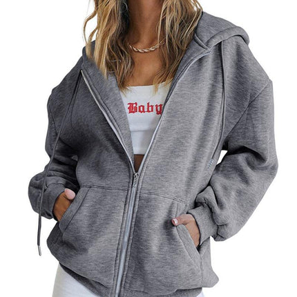 Women's Fashion Casual Solid Color Drawstring Zipper Hooded Sweatshirt