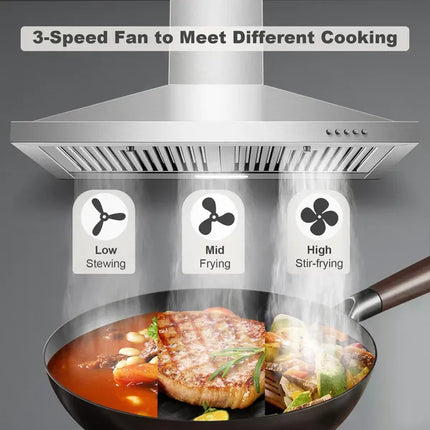 Range Hood 30 Inch, Wall Mount Range Hood Ducted/Ductless, Kitchen Hood In Stainless Steel, Vent Hood With Baffle Filters, 3 Speed Fan, Push Button Control, Energy-Saving LED Light