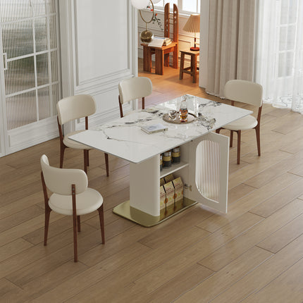 63 Modern 4-6 Person Dining Table Set With Storage  Burnt Stone Tabletop & Gold Solid Wood Base  Includes 4  White PU Chairs For Kitchen  Apartment
