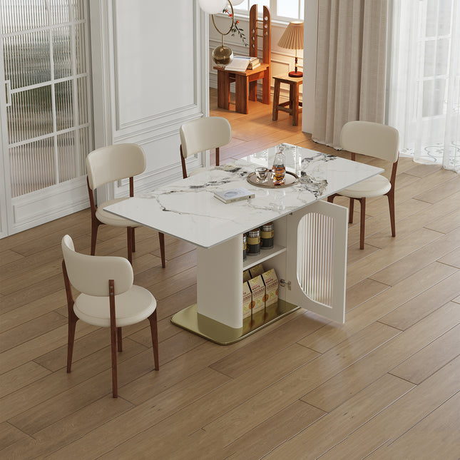 63 Modern 4-6 Person Dining Table Set With Storage  Burnt Stone Tabletop & Gold Solid Wood Base  Includes 4  White PU Chairs For Kitchen  Apartment