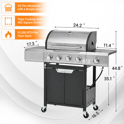 Propane Grill 4 Burner Barbecue Grill Stainless Steel Gas Grill With Side Burner And Cover For Outdoor BBQ, Camping