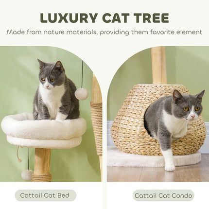 Cat Tree For Indoor Cats With Wooden Cat Scratching Posts, Cat Condo, Cat Beds & Toy Balls, Cream White