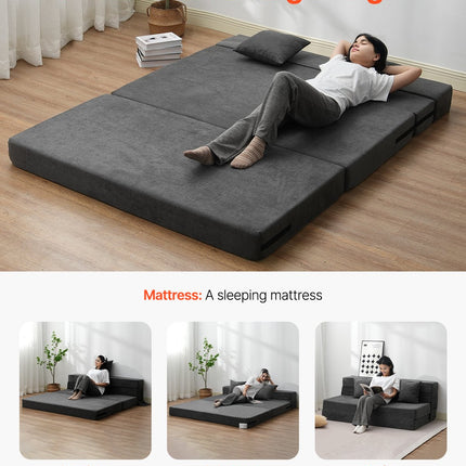 Folding Sofa Bed, 3-in-1 Foldable Couch Bed With 2 Pillows And Washable Cover, 25D High Density Memory Foam Convertible Sleeper Chair Bed, Futon Couch For Living Room, Bedroom, Dark Grey(Queen)