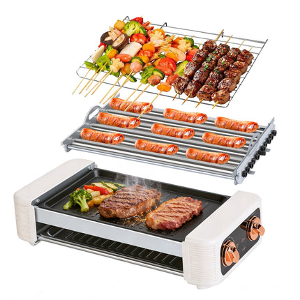 3 In 1 Electric Hot Dog Roller Machine With Grill & Griddle 6-Roller Hot Dog Cooker Smokeless Non-Stick Indoor Outdoor With 3 Temp Levels For BBQ Sausages Skewers Burgers Vegetables