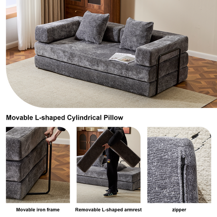 Floor Couch,Compression Sofa,Convertible Floor Sofa Bed-with Pillow Back Support Armrest,Comfy Futon Couch Lounge Sleeper Bed,Chenile Fabric,for Living Room Bedroom DARK-GREY