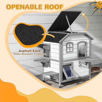  2-story Cat House Outdoor, Weatherproof Wooden Cat Enclosure for Feral Cats with Escape Door, Openable Roof, Jumping Platforms, White