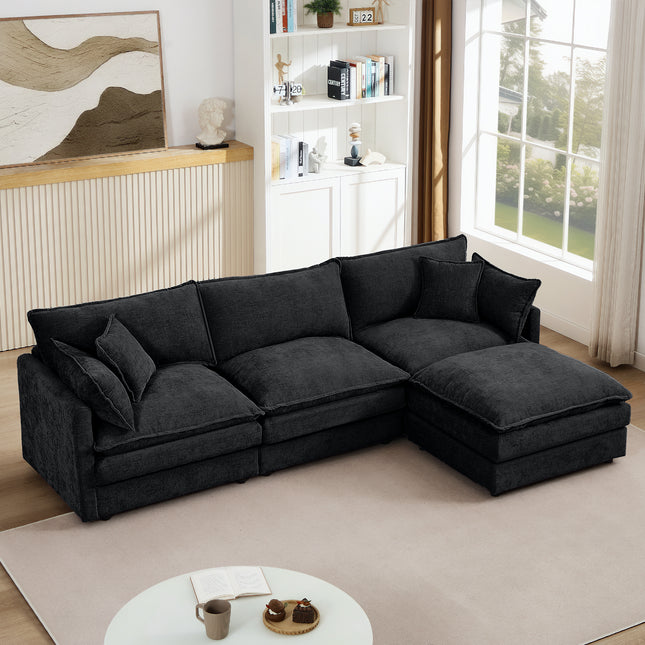 Modular Sectional Sofa, 102 Inch L Shaped Couch Set For Living Room, 3-Seater Comfy Cloud Couches With Movable Ottoman, DIY Combination, Chenille, Black