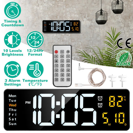 15.7in LED Digital Wall Clock With Remote Control 10 Level Brightness 3 Alarm Settings 12-24Hr Format Timing Countdown Temperature Calendar Display Decorative Clock For Office Home