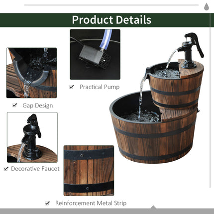 Wood Freestanding Fountain with 2 Tier Waterfall Barrel, Electric Pump for Garden Decor, Lawn, Backyard