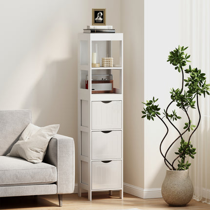 Narrow Bathroom Storage Cabinet, Bathroom Cabinet with 3 Drawers & 2 Open Shelves, Slim Bathroom Floor Cabinet, White